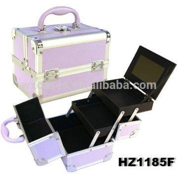 Purple aluminum cosmetic case with 2 trays and one mirror inside,different color options